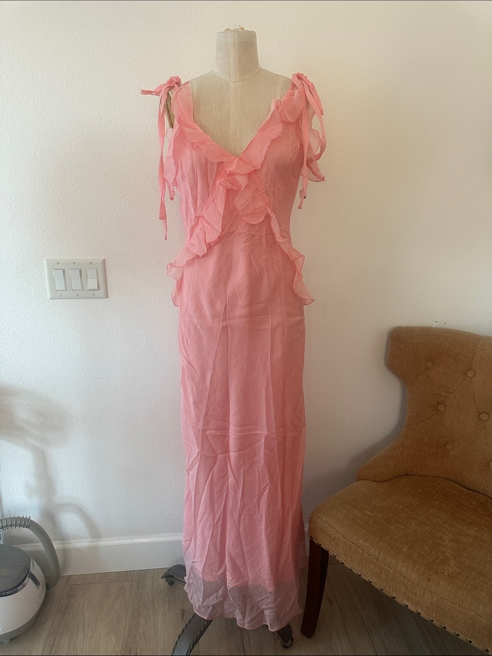Steve Madden Pink Sheer Ruffle Tie-Shoulder Slip Dress